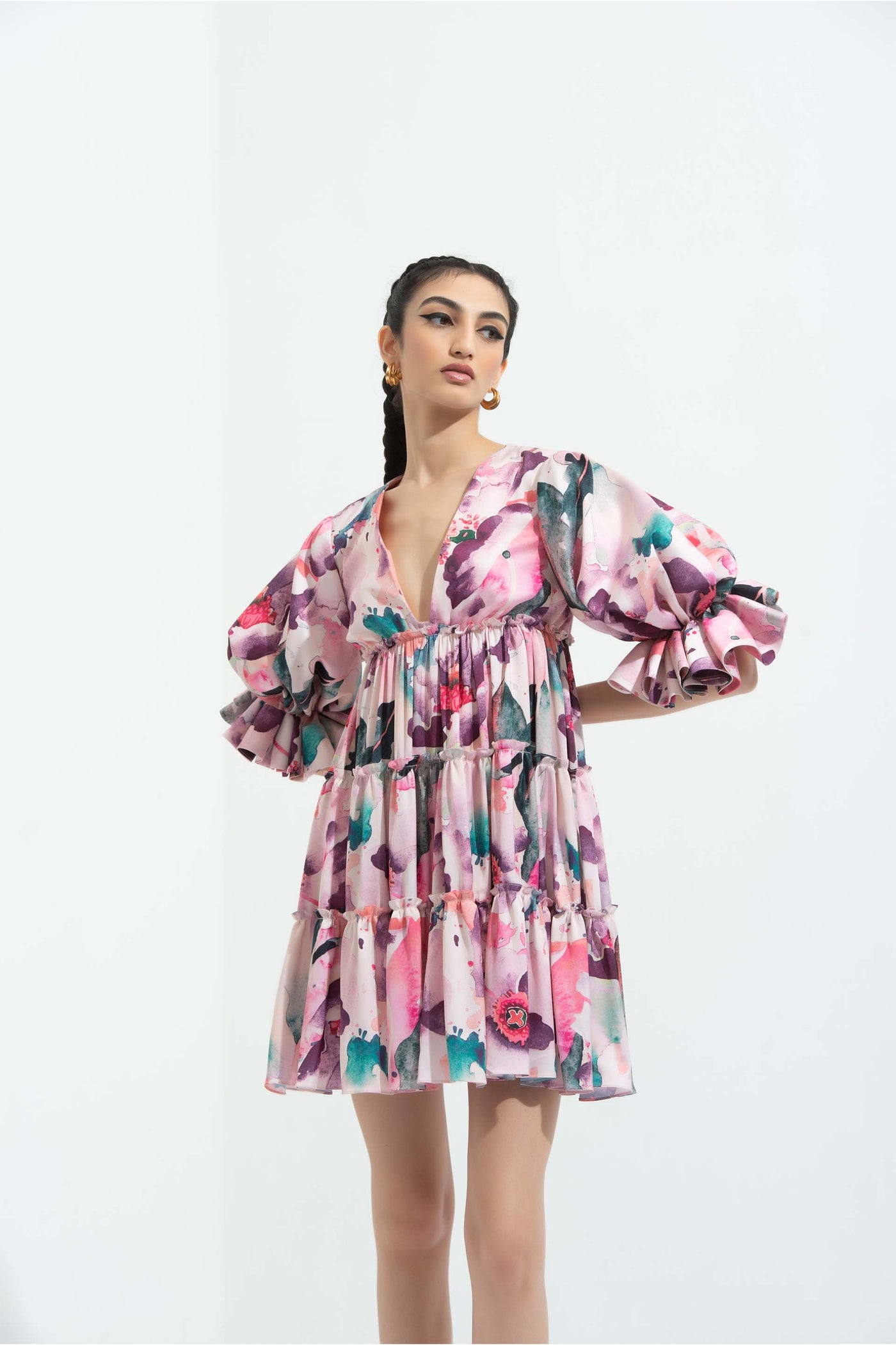 Mandira Wirk Azalea printed satin low neckline tiered short dress pink western indian designer wear online shopping melange singapore