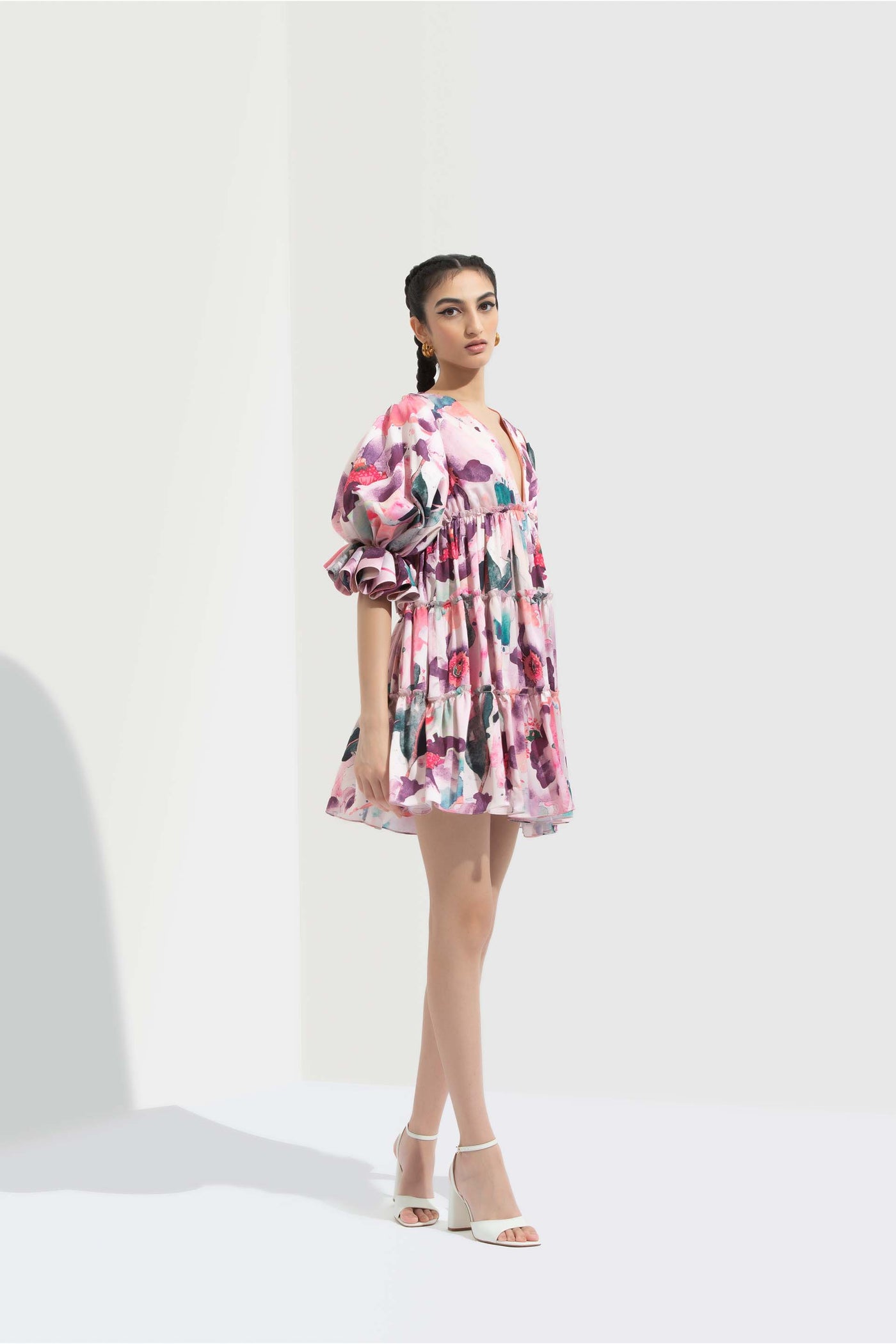 Mandira Wirk Azalea printed satin low neckline tiered short dress pink western indian designer wear online shopping melange singapore