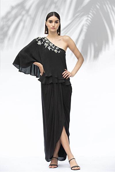 Mandira Wirk Black One Off Shoulder Top With Draped Skirt festive indian designer wear online shopping melange singapore