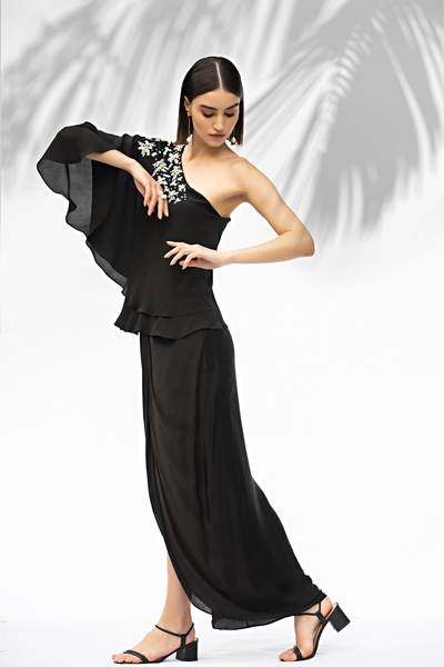 Mandira Wirk Black One Off Shoulder Top With Draped Skirt festive indian designer wear online shopping melange singapore