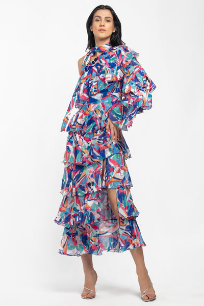 mandira wirk chiffon printed layered dress blue and hot pink western indian designer wear online shopping melange singapore