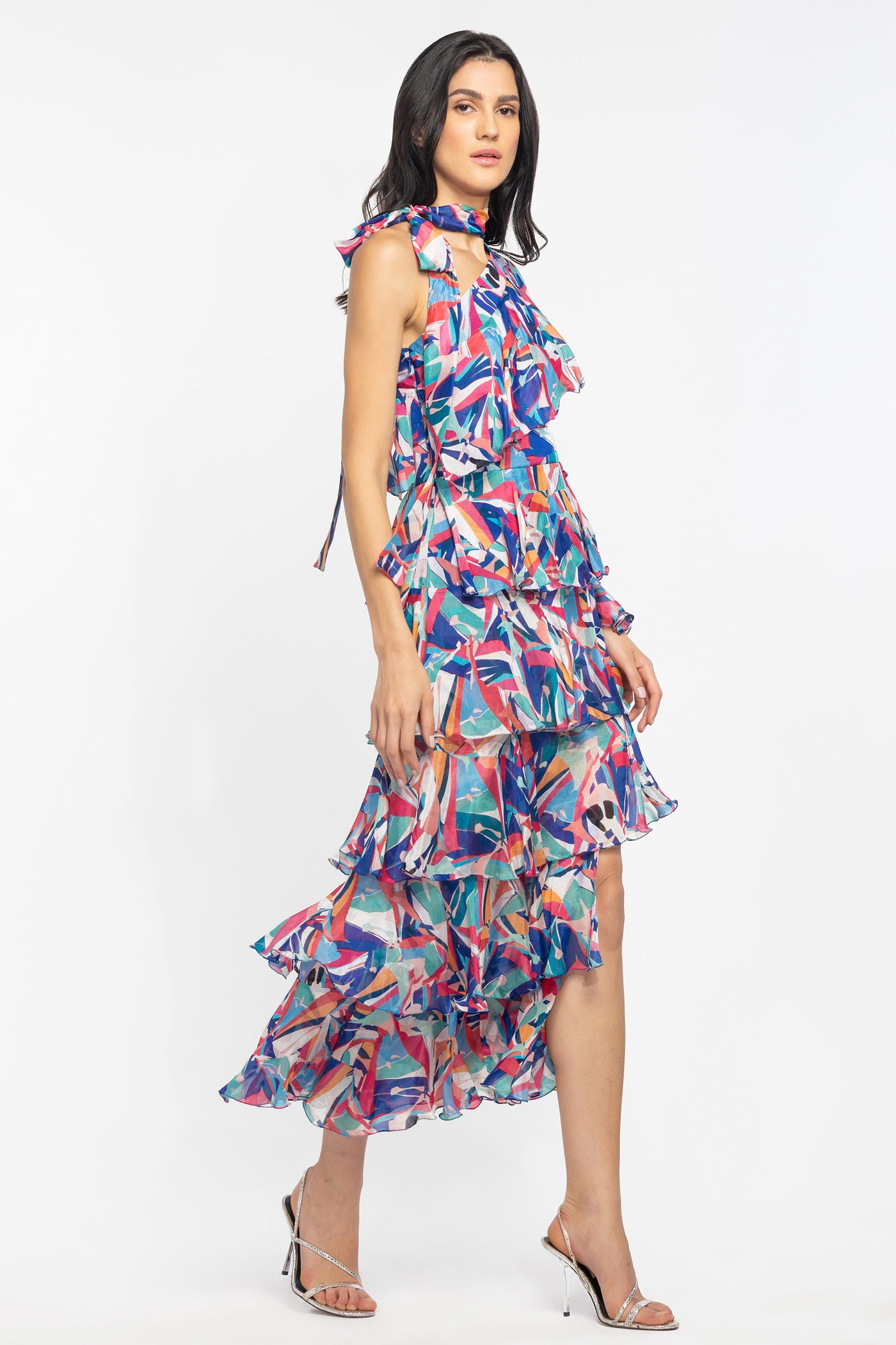 mandira wirk chiffon printed layered dress blue and hot pink western indian designer wear online shopping melange singapore