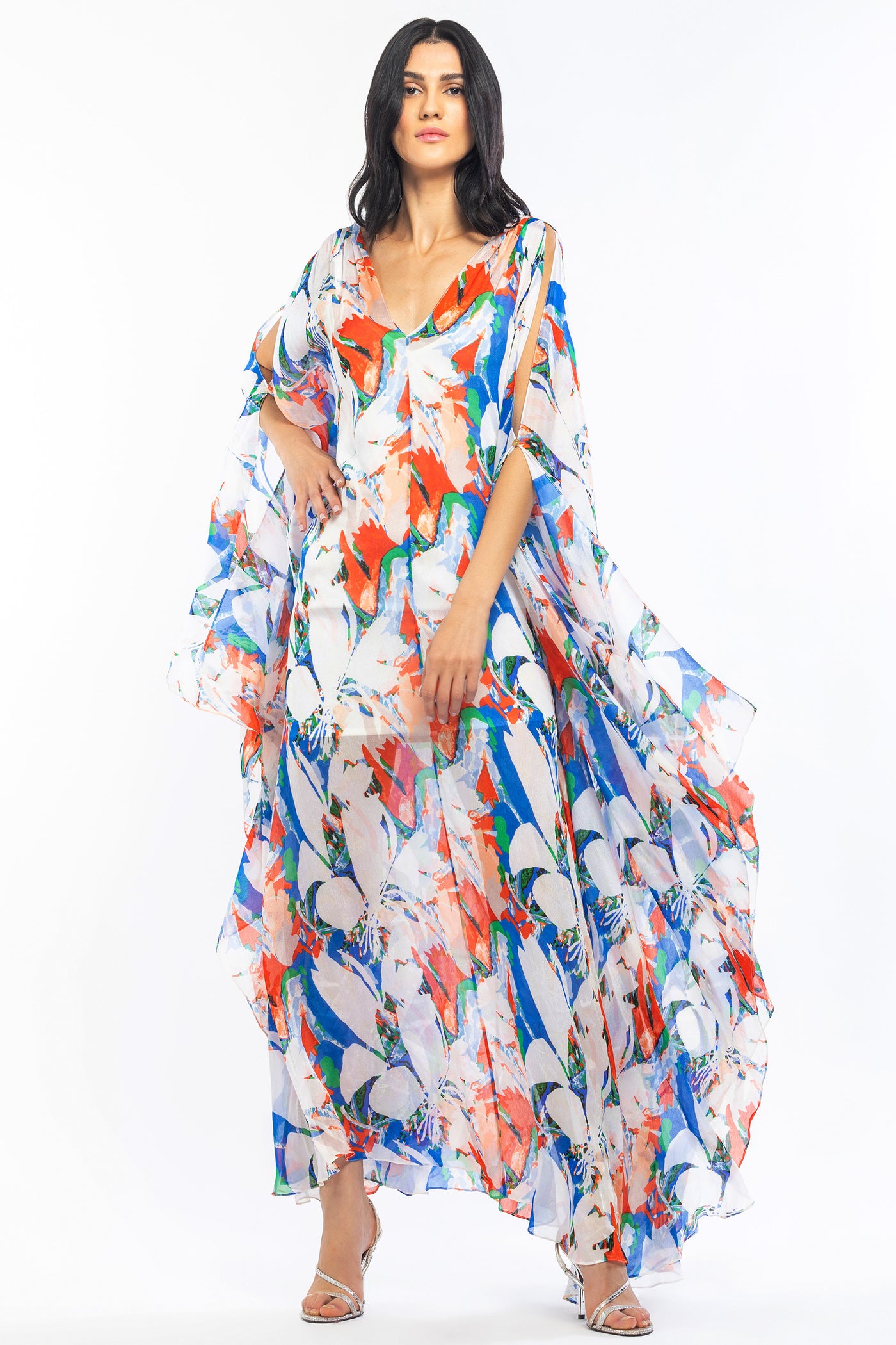 mandira wirk chiffon printed kaftan ivory and blue western indian designer wear online shopping melange singapore