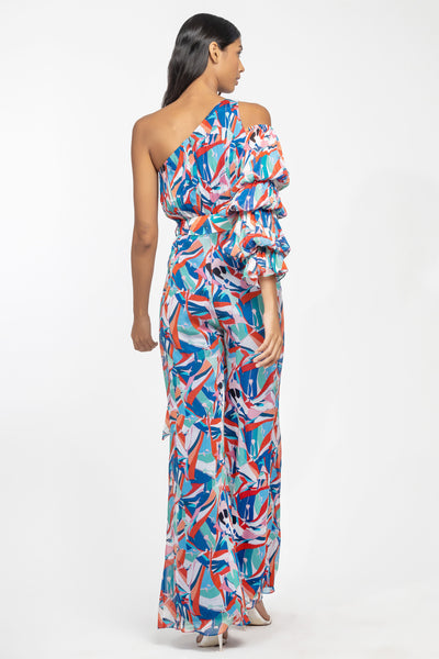 mandira wirk chiffon printed jumpsuit with belt blue and pink western indian designer wear online shopping melange singapore