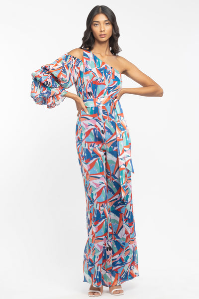 mandira wirk chiffon printed jumpsuit with belt blue and pink western indian designer wear online shopping melange singapore