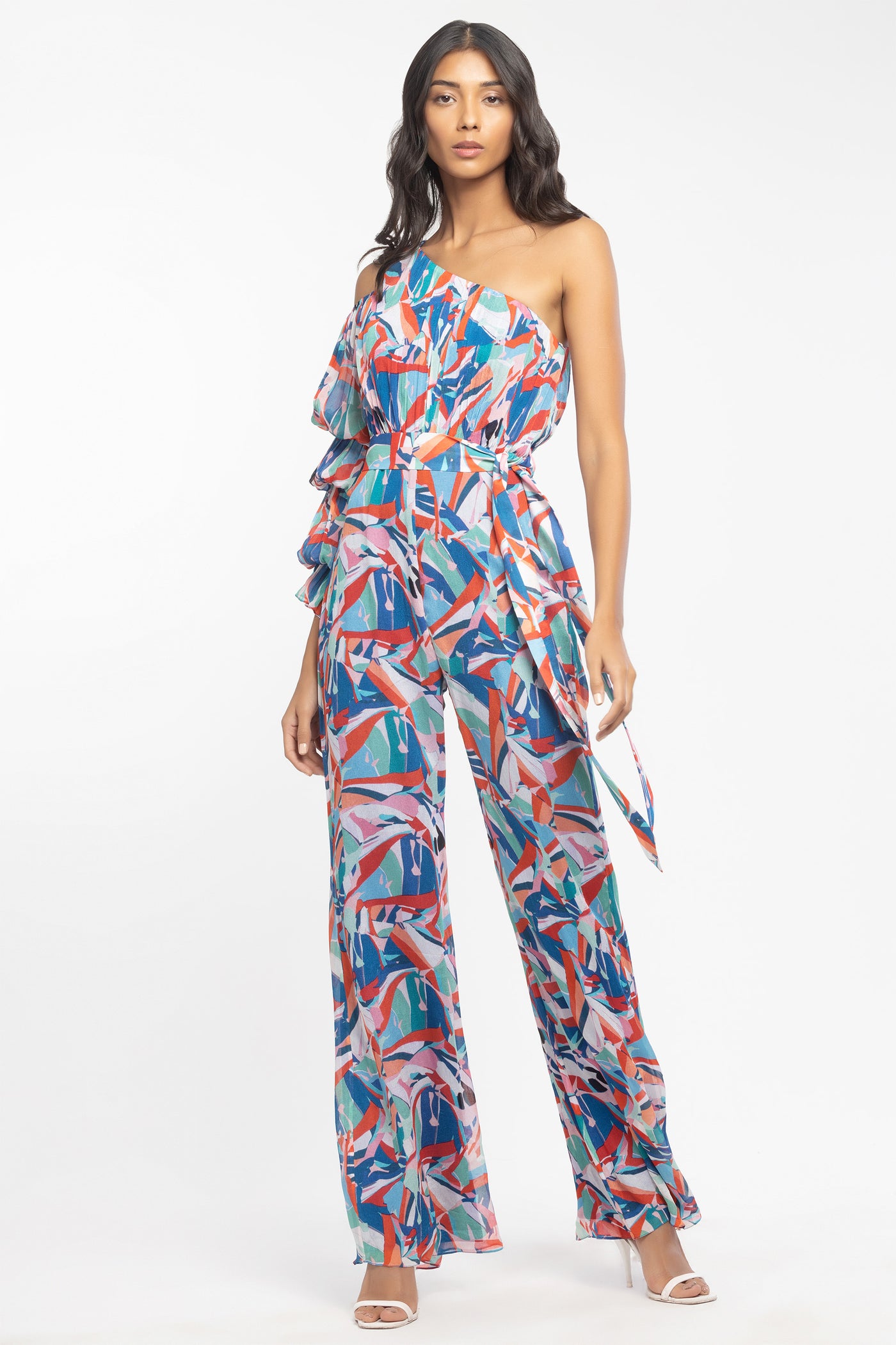 mandira wirk chiffon printed jumpsuit with belt blue and pink western indian designer wear online shopping melange singapore