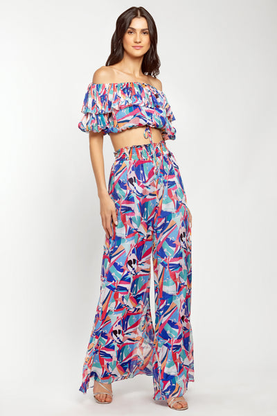 mandira wirk chiffon printed off shoulder top with smocking pants blue and pink western indian designer wear online shopping melange singapore