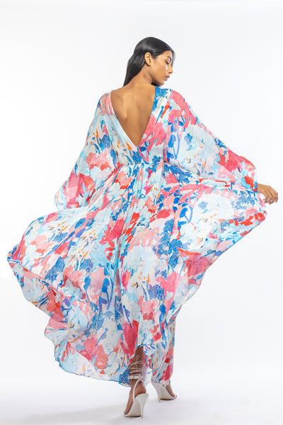 mandira wirk chiffon printed pleated kaftan blue and pink western indian designer wear online shopping melange singapore