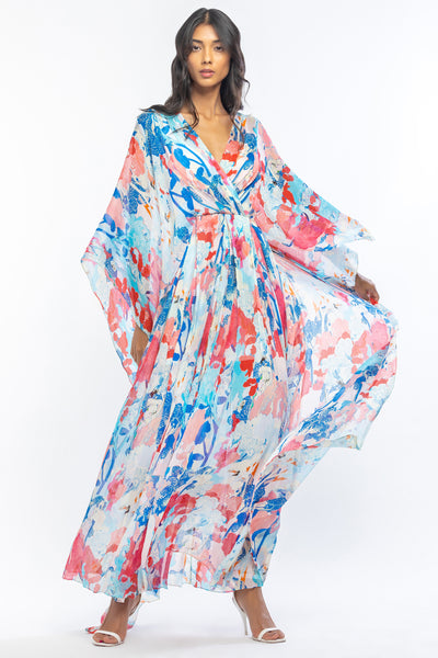 mandira wirk chiffon printed pleated kaftan blue and pink western indian designer wear online shopping melange singapore