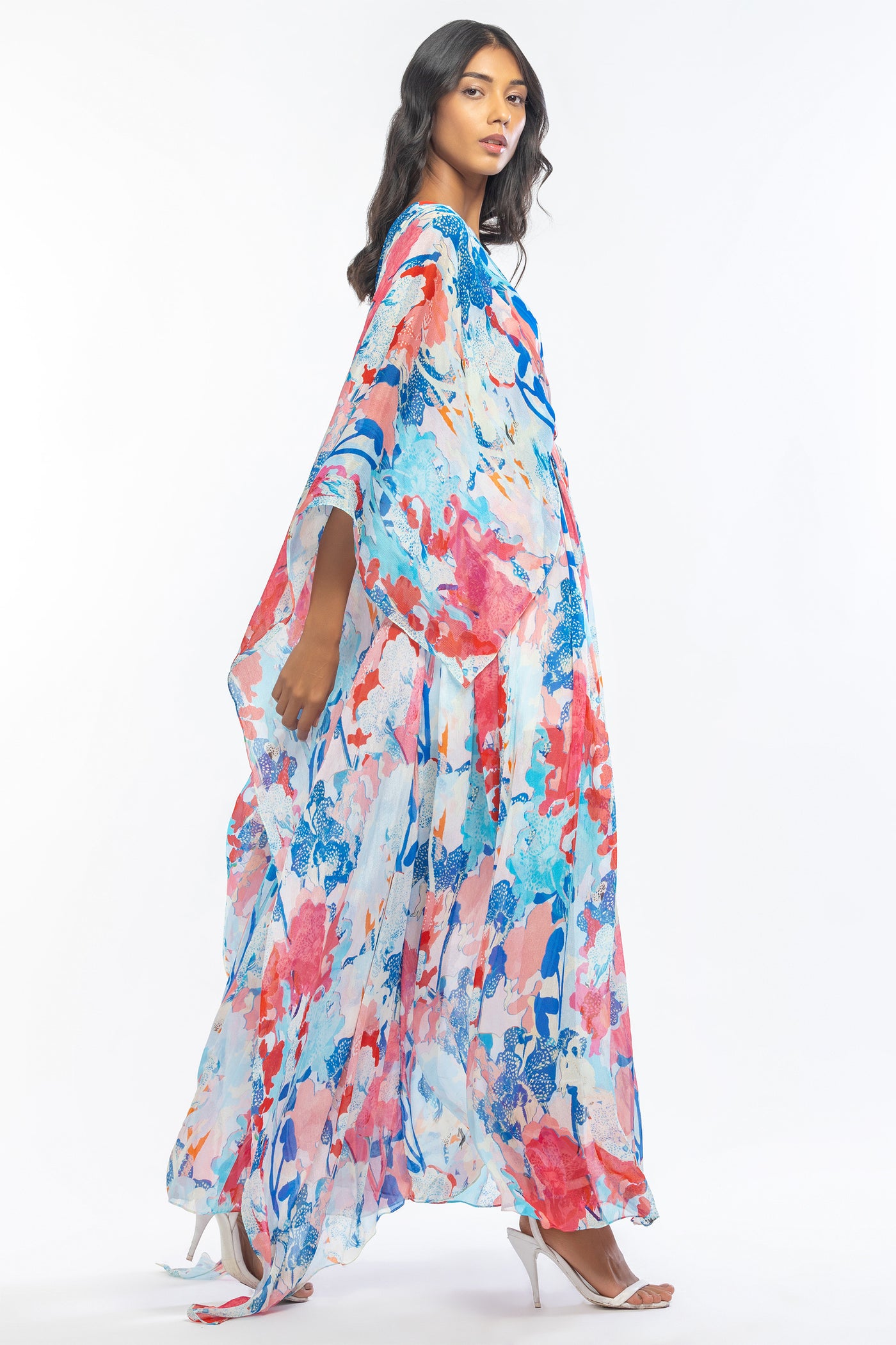 mandira wirk chiffon printed pleated kaftan blue and pink western indian designer wear online shopping melange singapore