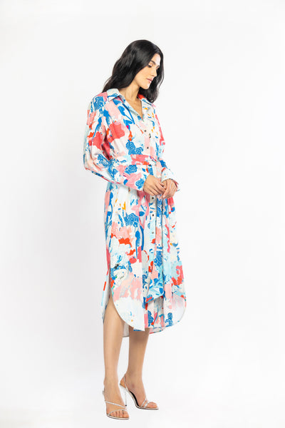 mandira wirk cotton poplin printed shirt dress blue and pink western indian designer wear online shopping melange singapore