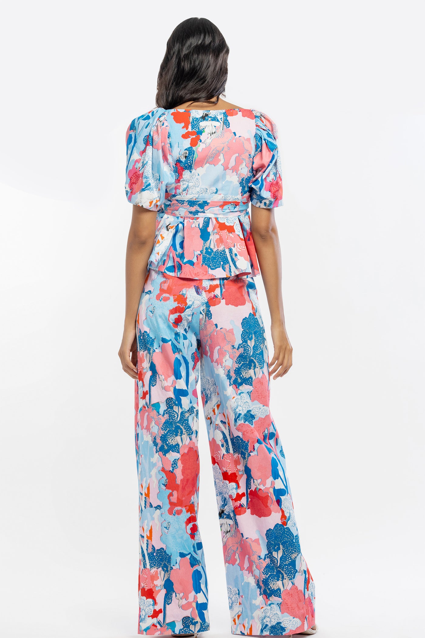 mandira wirk cotton poplin printed wrap top with printed pants blue and pink western indian designer wear online shopping melange singapore