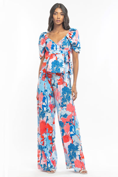 mandira wirk cotton poplin printed wrap top with printed pants blue and pink western indian designer wear online shopping melange singapore