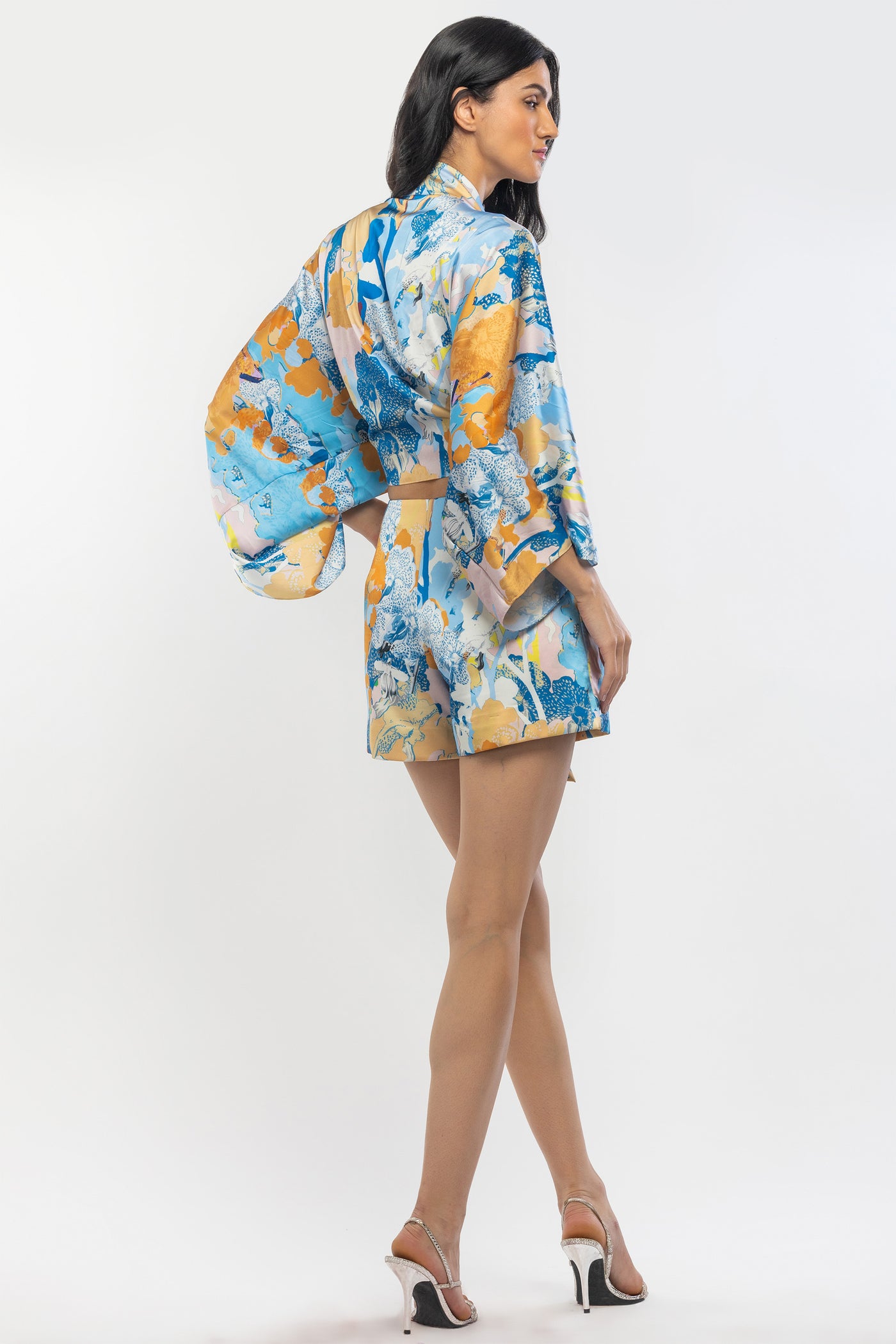mandira wirk satin printed kimono tie up with shorts yellow and blue western indian designer wear online shopping melange singapore