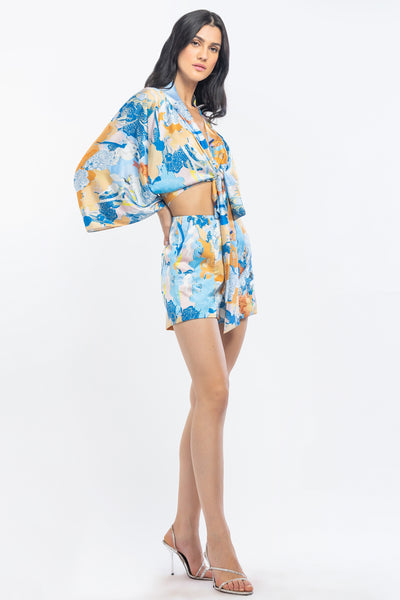 mandira wirk satin printed kimono tie up with shorts yellow and blue western indian designer wear online shopping melange singapore