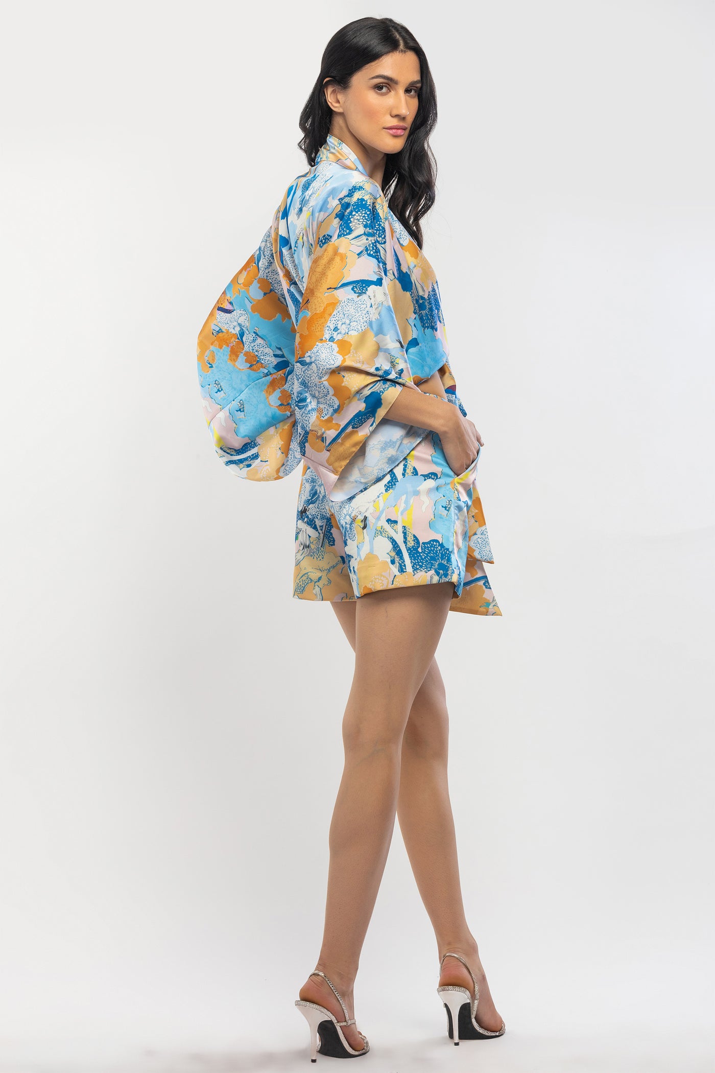 mandira wirk satin printed kimono tie up with shorts yellow and blue western indian designer wear online shopping melange singapore
