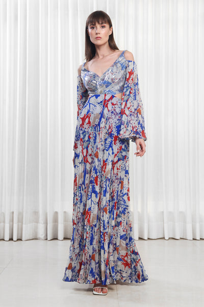 Mandira Wirk Blue Mist Printed Dress in Pleats And Sequins indian designer wear online shopping melange singapore