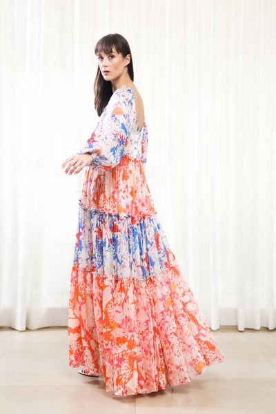 Mandira Wirk Blue Mist and Maple Leaves Printed Tiered Dress indian designer wear online shopping melange singapore