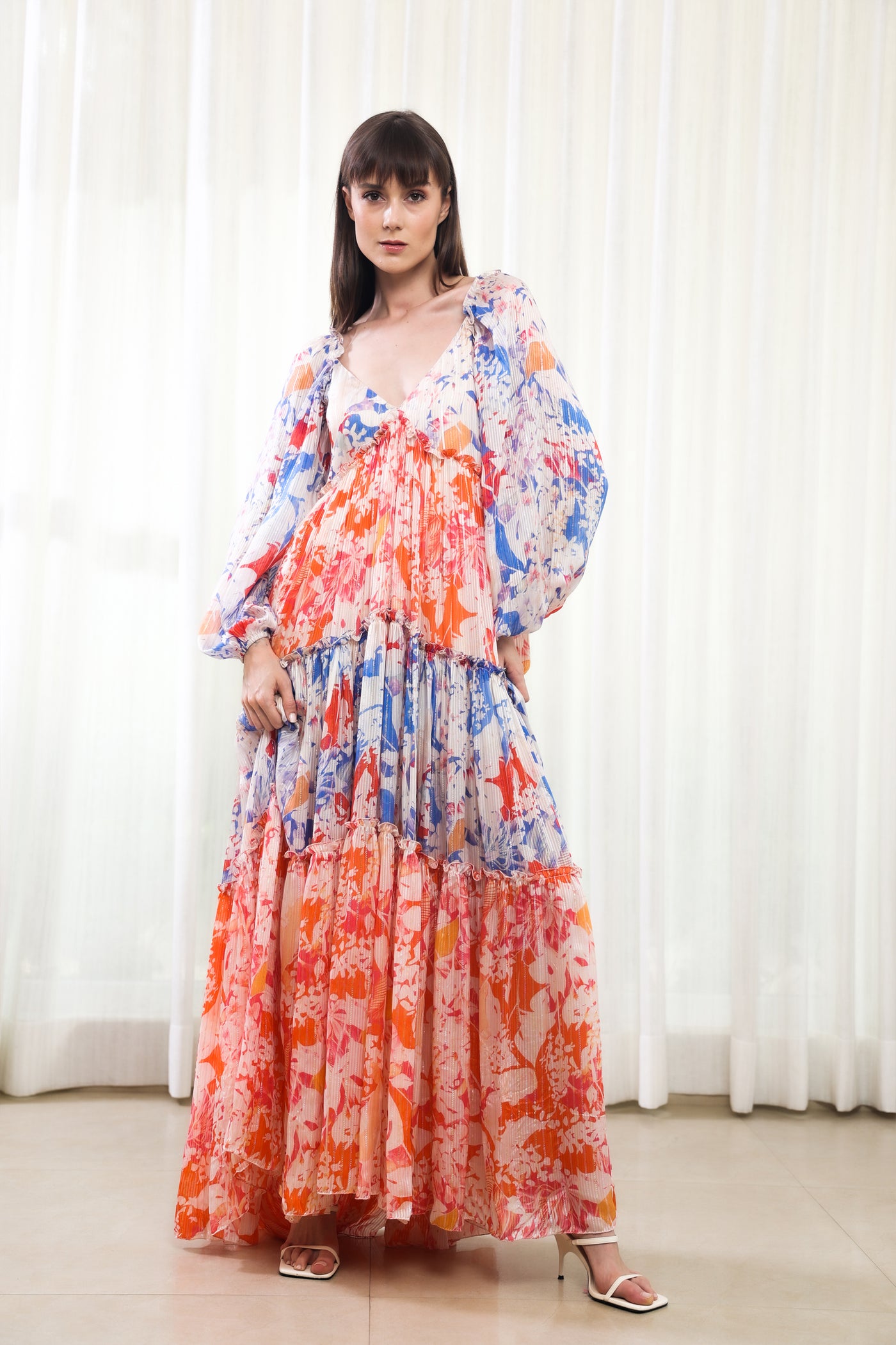 Mandira Wirk Blue Mist and Maple Leaves Printed Tiered Dress indian designer wear online shopping melange singapore