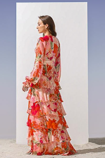 Mandira Wirk Chiffon printed tiered dress with plunging neckline and side slit coral western indian designer wear online shopping melange singapore