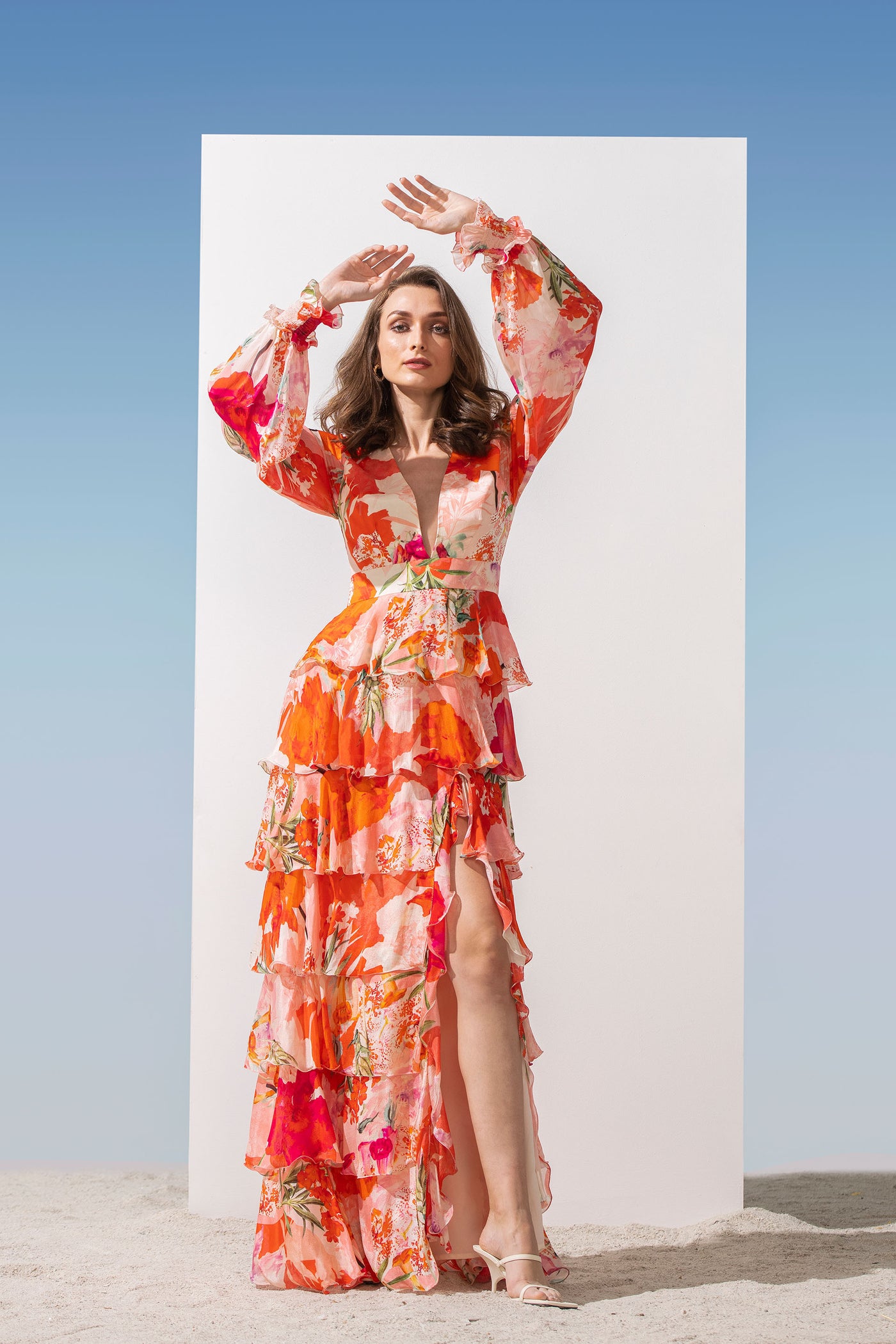 Mandira Wirk Chiffon printed tiered dress with plunging neckline and side slit coral western indian designer wear online shopping melange singapore