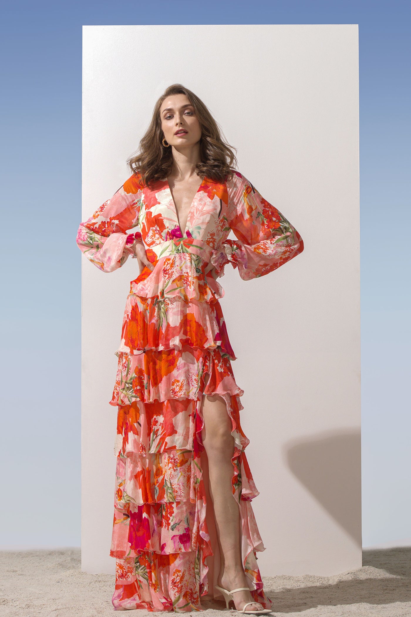 Mandira Wirk Chiffon printed tiered dress with plunging neckline and side slit coral western indian designer wear online shopping melange singapore