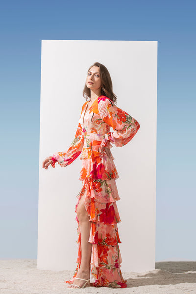 Mandira Wirk Chiffon printed tiered dress with plunging neckline and side slit coral western indian designer wear online shopping melange singapore