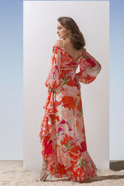 Mandira Wirk Chiffon Floral Printed Dress With Heat Pleated Yoke And Draped Bottom With Double Layered Frills pink western indian designer wear online shopping melange singapore
