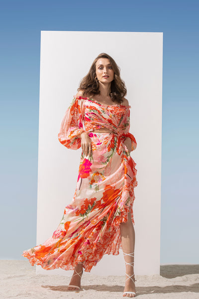 Mandira Wirk Chiffon Floral Printed Dress With Heat Pleated Yoke And Draped Bottom With Double Layered Frills pink western indian designer wear online shopping melange singapore