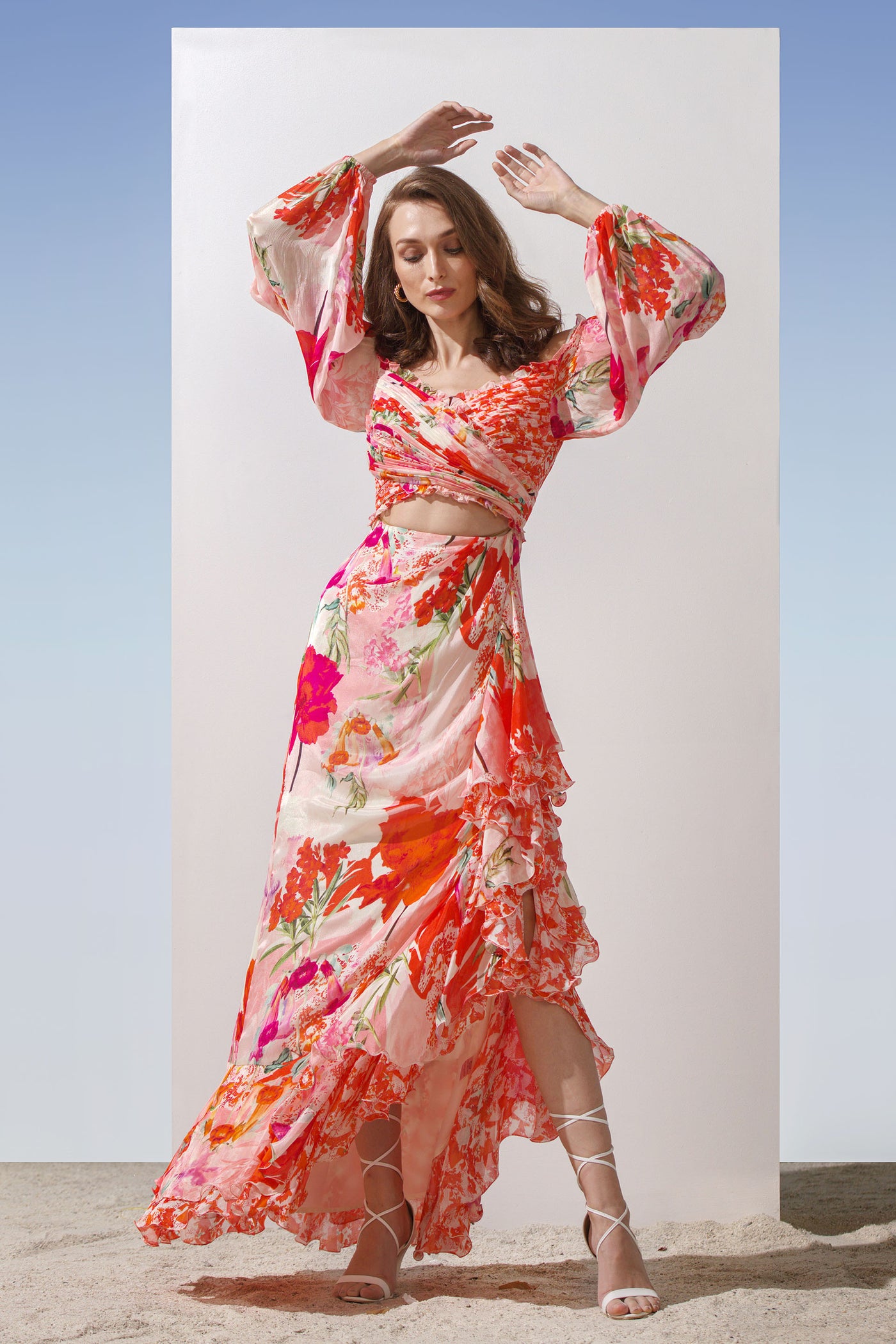 Mandira Wirk Chiffon Floral Printed Dress With Heat Pleated Yoke And Draped Bottom With Double Layered Frills pink western indian designer wear online shopping melange singapore