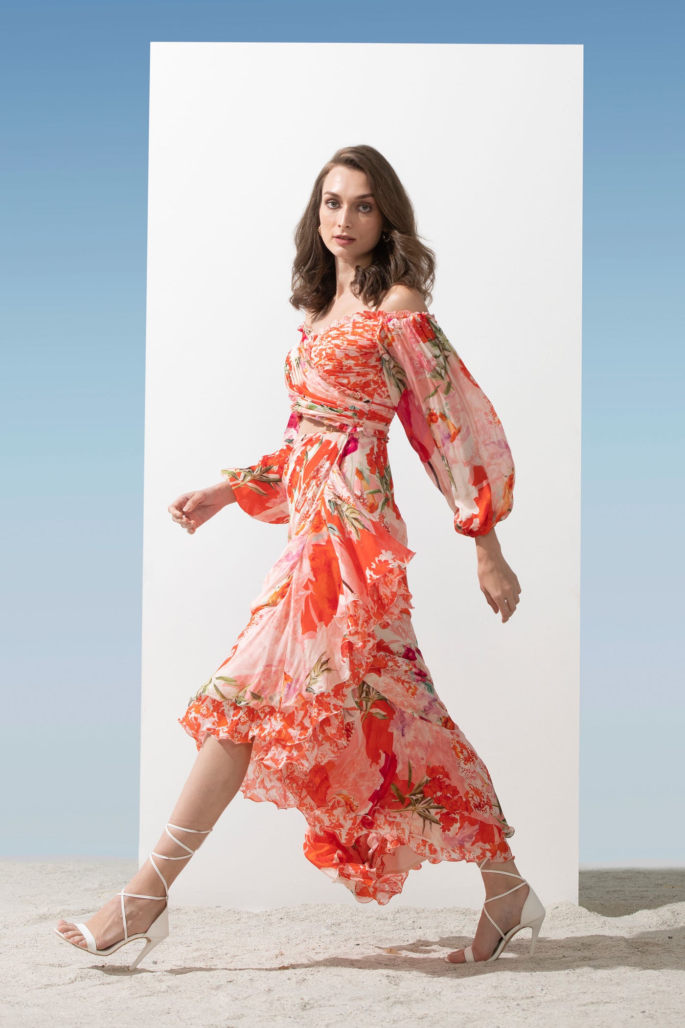 Mandira Wirk Chiffon Floral Printed Dress With Heat Pleated Yoke And Draped Bottom With Double Layered Frills pink western indian designer wear online shopping melange singapore