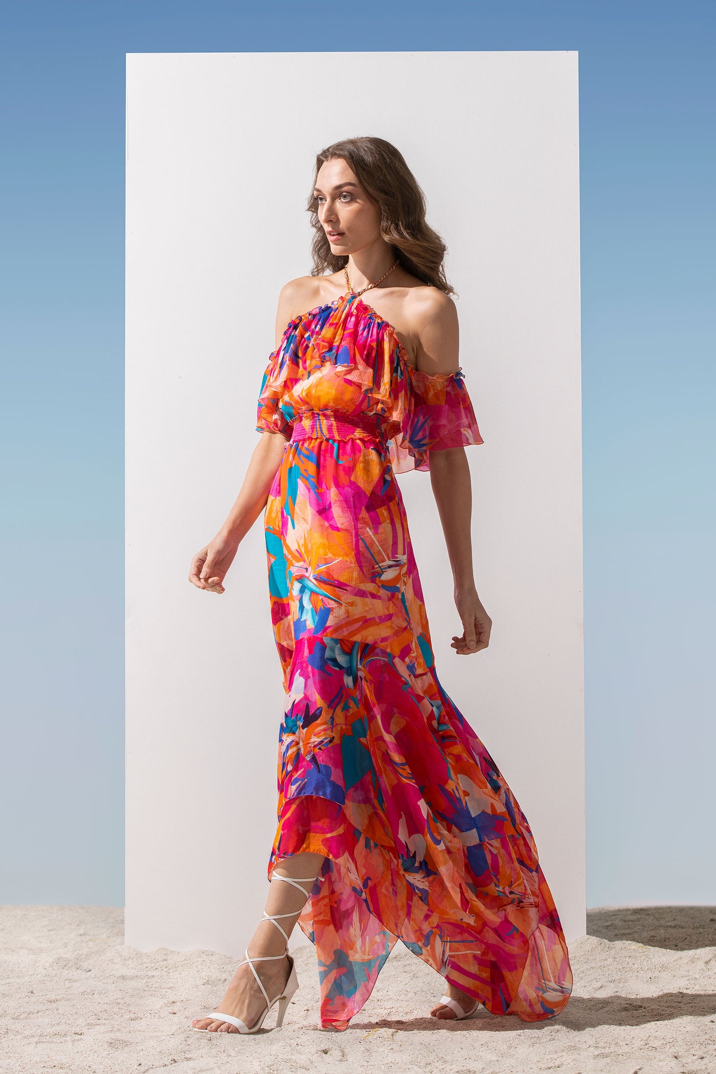 Mandira Wirk Chiffon Printed Asymmetric Dress With Halter Neck And Chain Neck Tie-up pink western indian designer wear online shopping melange singapore