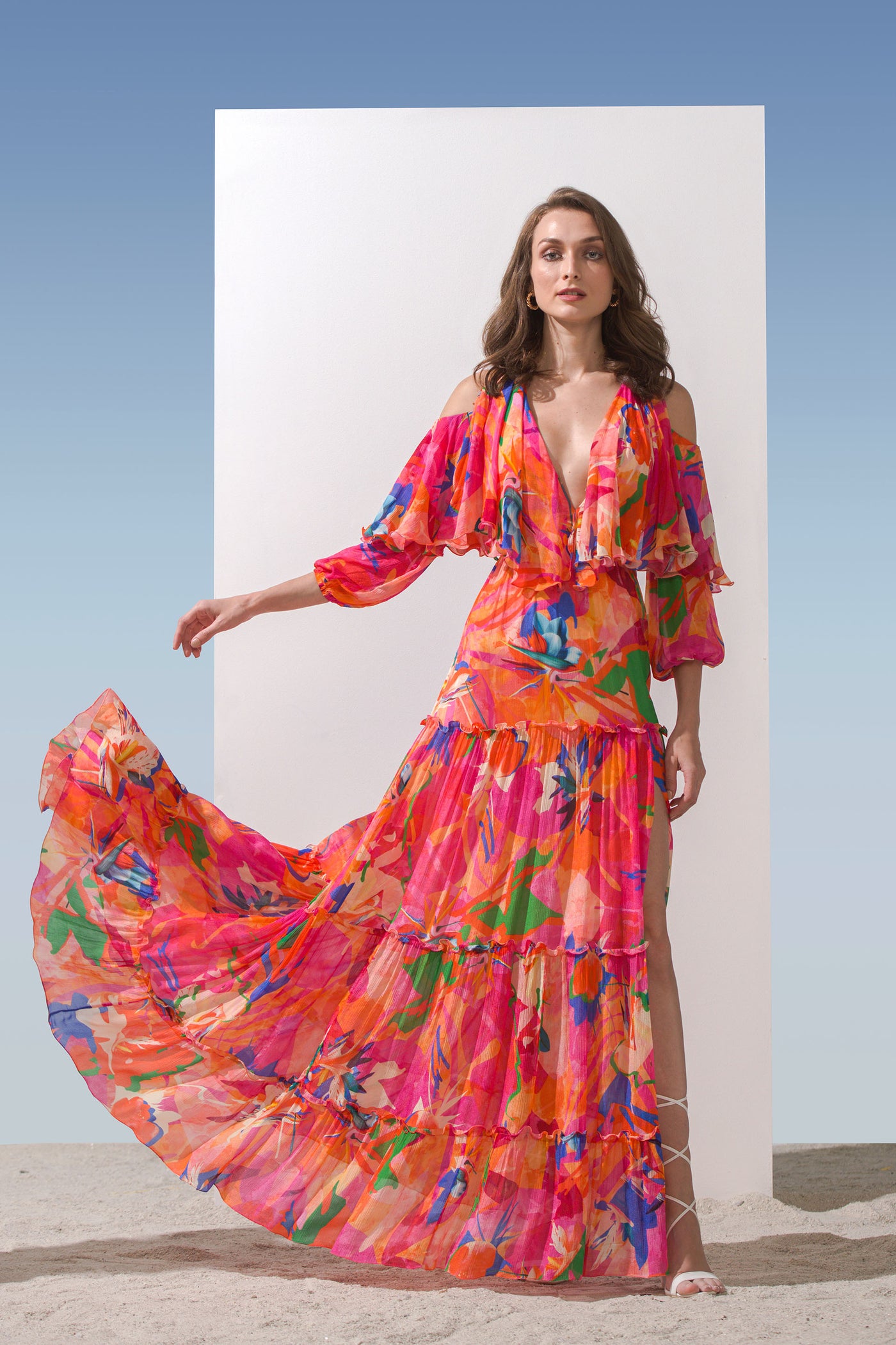 Mandira Wirk Chiffon Printed Butterfly Yoke Dress With Tiered Bottom With Back Cut Out And Printed Belt pink western indian designer wear online shopping melange singapore