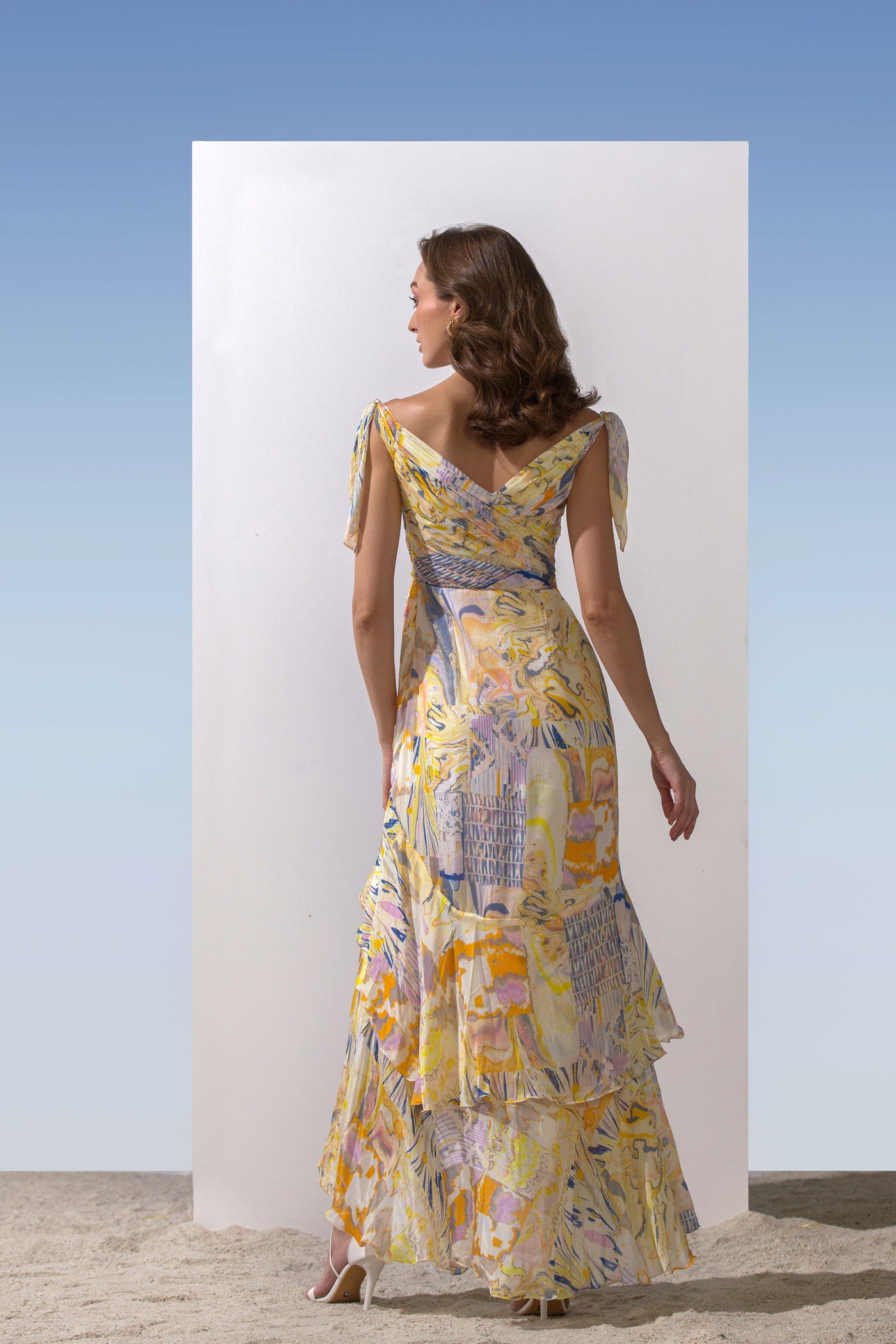 Mandira Wirk Chiffon printed cold shoulder dress with shoulder tie-up and layered bottom with ruched detail  yellow western indian designer wear online shopping melange singapore