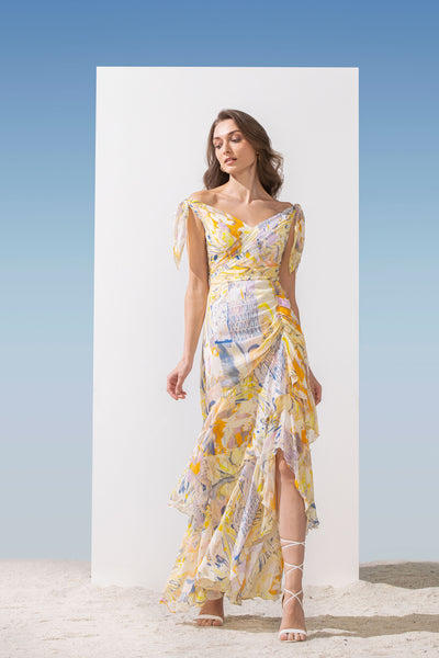 Mandira Wirk Chiffon printed cold shoulder dress with shoulder tie-up and layered bottom with ruched detail  yellow western indian designer wear online shopping melange singapore