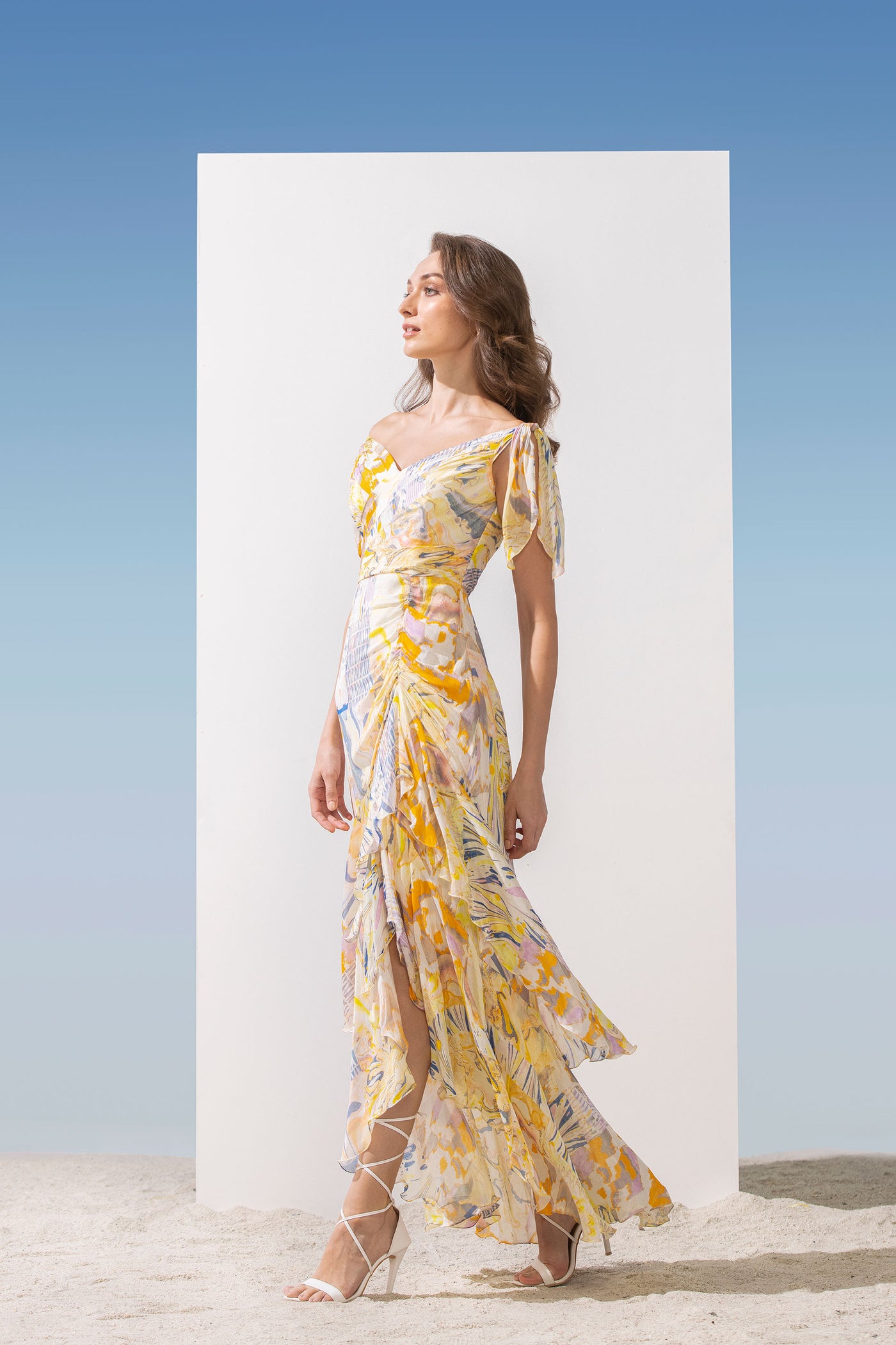 Mandira Wirk Chiffon printed cold shoulder dress with shoulder tie-up and layered bottom with ruched detail  yellow western indian designer wear online shopping melange singapore