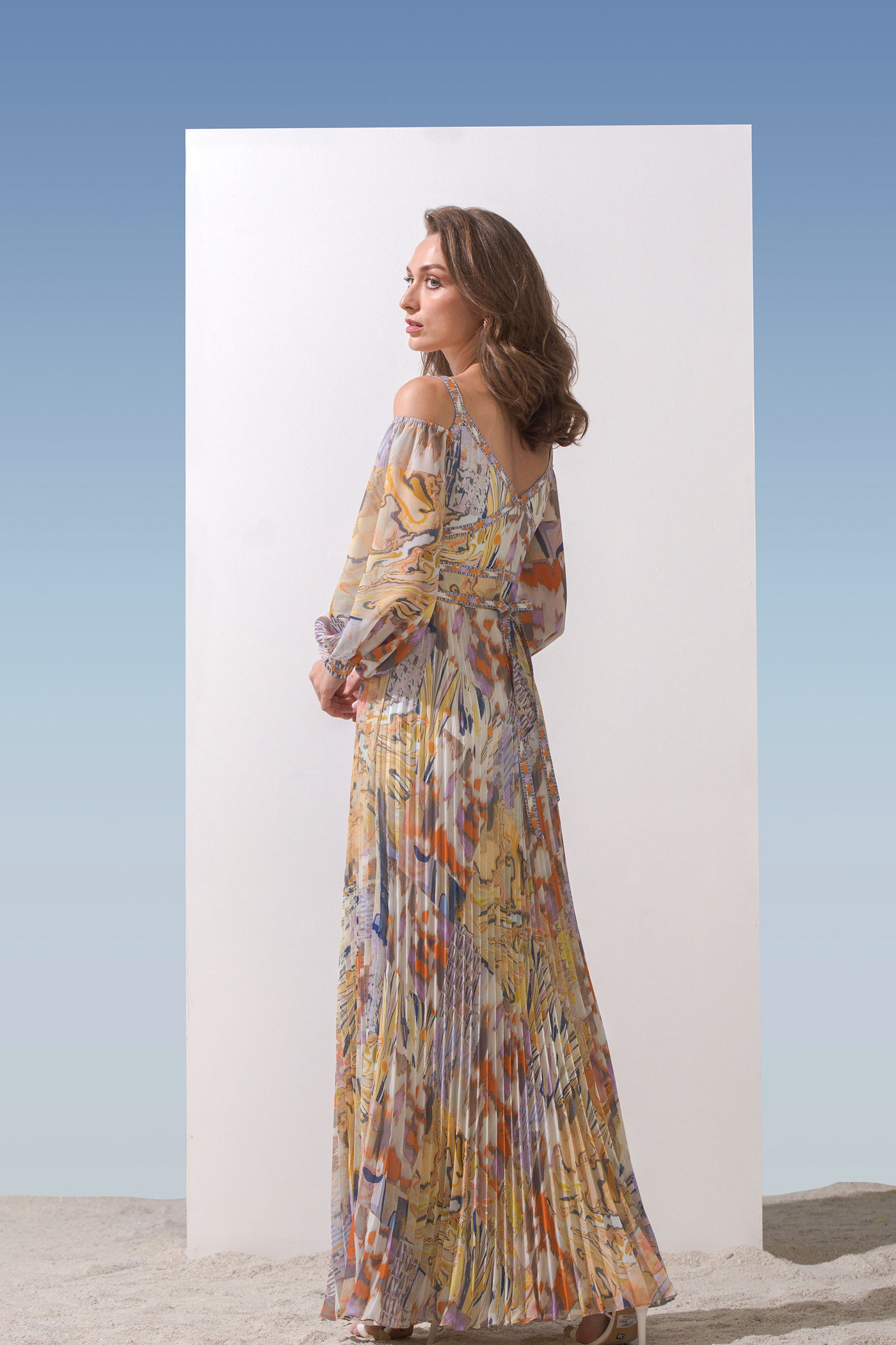 Mandira Wirk Chiffon printed dress with printed criss cross cut out detailed yoke and heat pleated bottom yellow western indian designer wear online shopping melange singapore