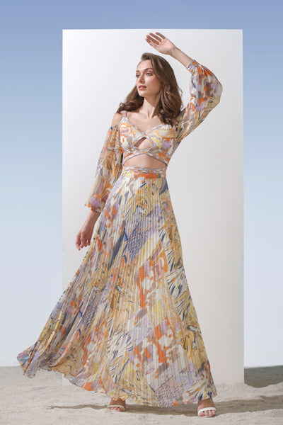 Mandira Wirk Chiffon printed dress with printed criss cross cut out detailed yoke and heat pleated bottom yellow western indian designer wear online shopping melange singapore