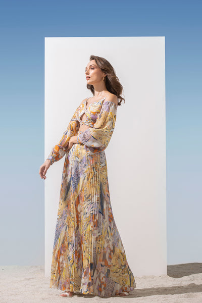 Mandira Wirk Chiffon printed dress with printed criss cross cut out detailed yoke and heat pleated bottom yellow western indian designer wear online shopping melange singapore