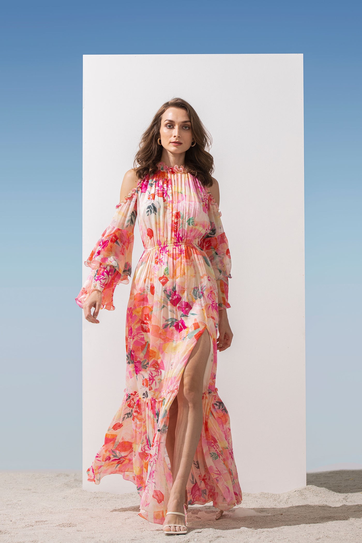 Chiffon Printed Dress With Ruffled Detail And Layered Sleeves And Side Slit