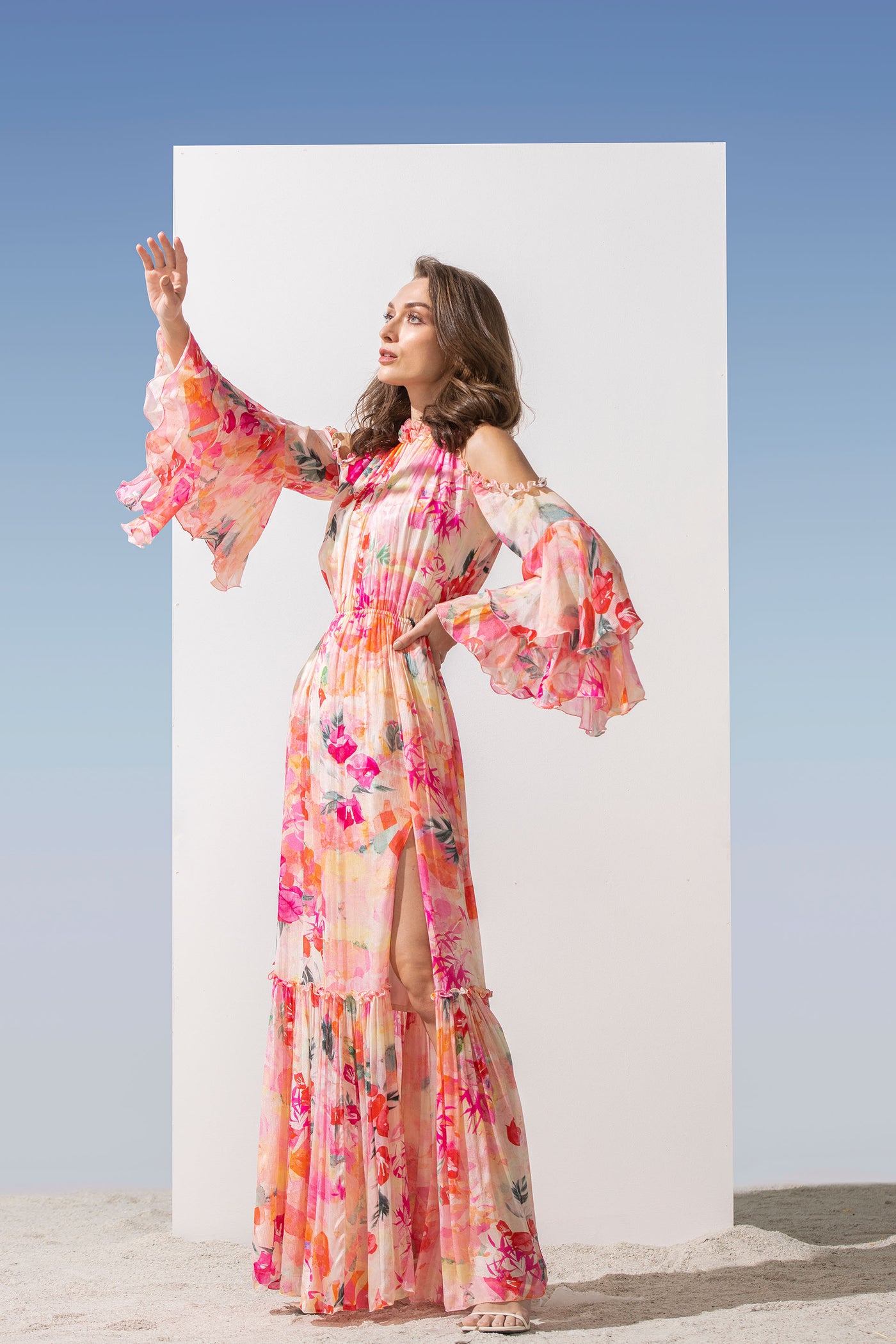 Mandira Wirk Chiffon Printed Dress With Ruffled Detail And Layered Sleeves And Side Slit pink western indian designer wear online shopping melange singapore