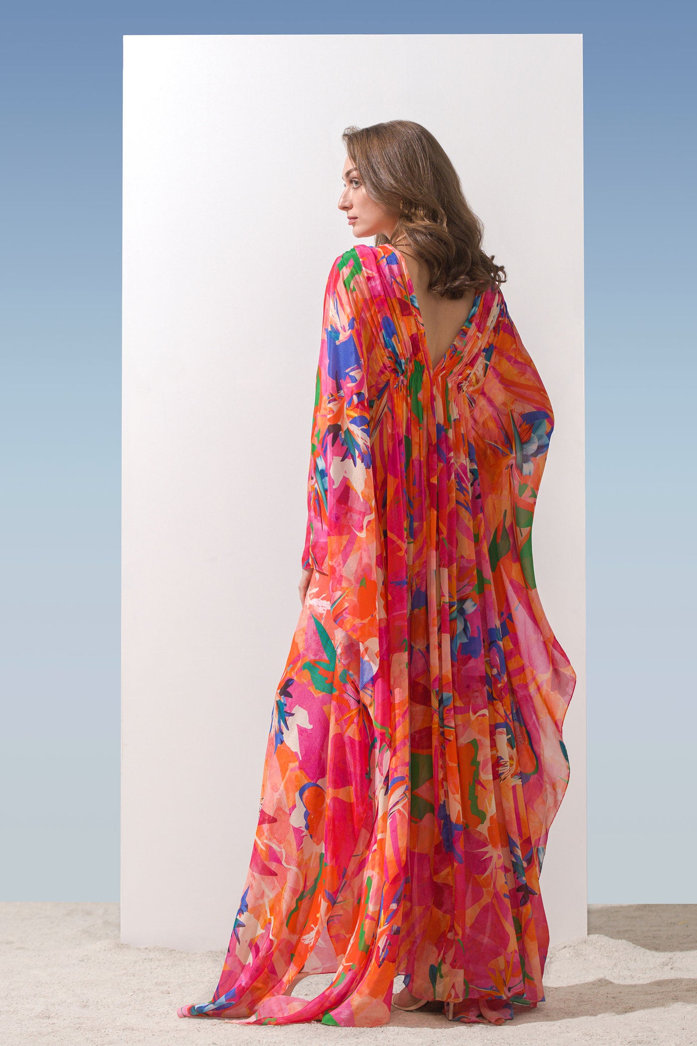 Mandira Wirk Chiffon printed kaftan with gathered waist detail and side slit pink western indian designer wear online shopping melange singapore