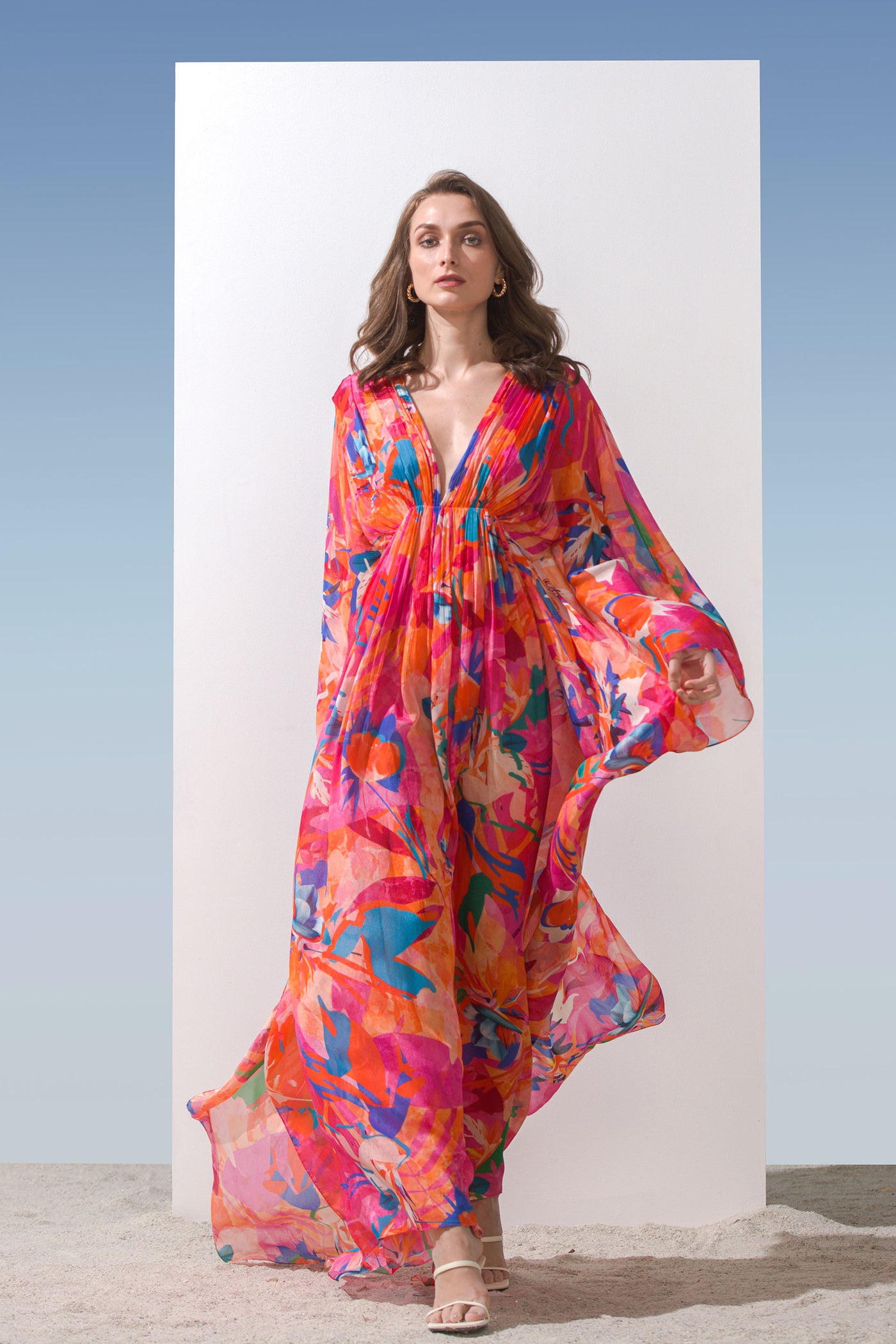 Mandira Wirk Chiffon printed kaftan with gathered waist detail and side slit pink western indian designer wear online shopping melange singapore