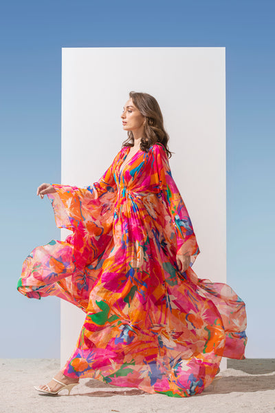 Mandira Wirk Chiffon printed kaftan with gathered waist detail and side slit pink western indian designer wear online shopping melange singapore