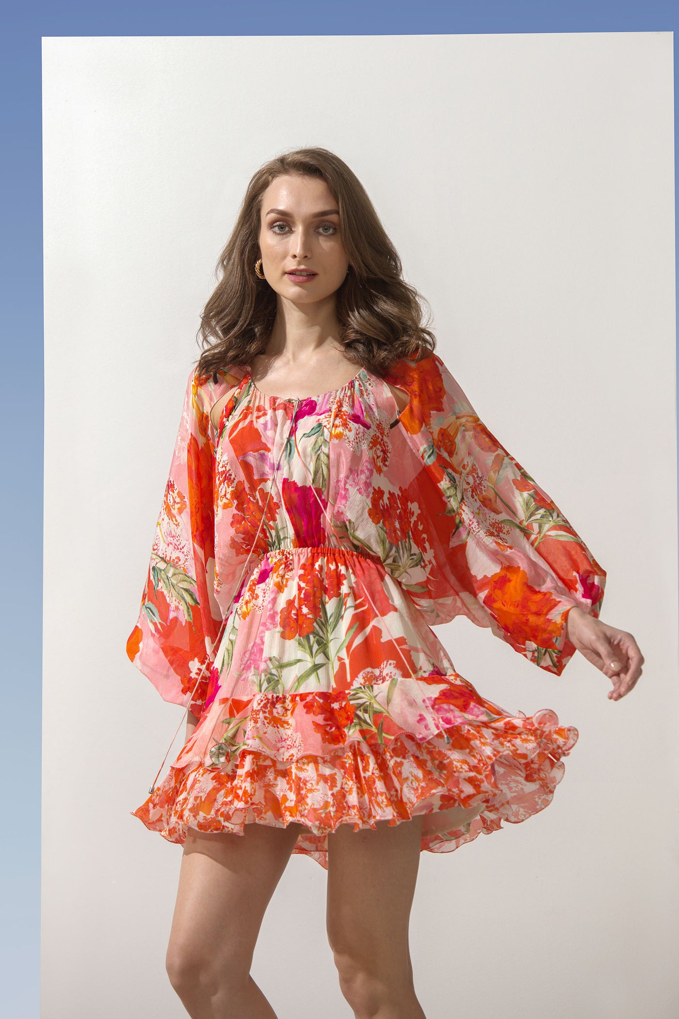 Mandira Wirk Chiffon Printed Layered Dress With Batwing Sleeves coral western indian designer wear online shopping melange singapore