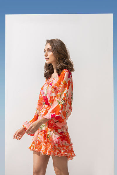 Mandira Wirk Chiffon Printed Layered Dress With Batwing Sleeves coral western indian designer wear online shopping melange singapore