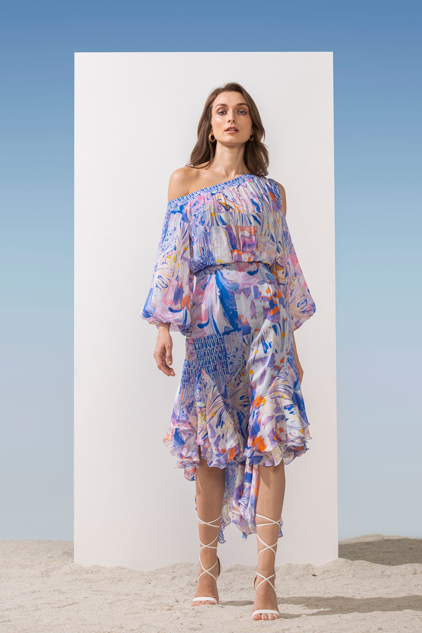 Mandira Wirk Chiffon Printed One Off Shoulder Dress With Assymmetric Hem blue western indian designer wear online shopping melange singapore