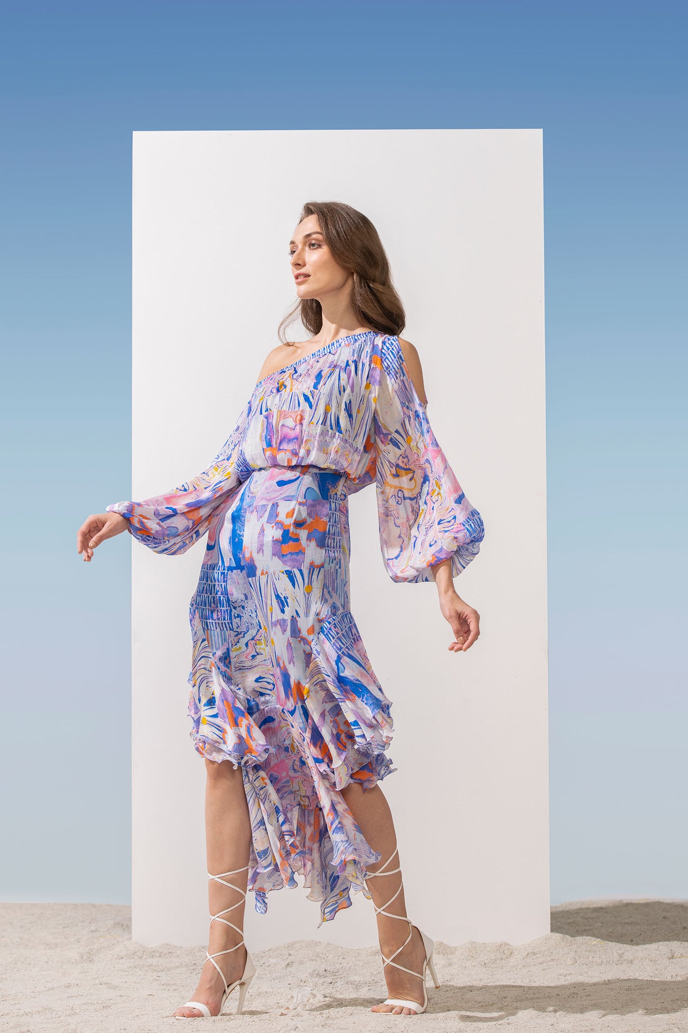 Mandira Wirk Chiffon Printed One Off Shoulder Dress With Assymmetric Hem blue western indian designer wear online shopping melange singapore