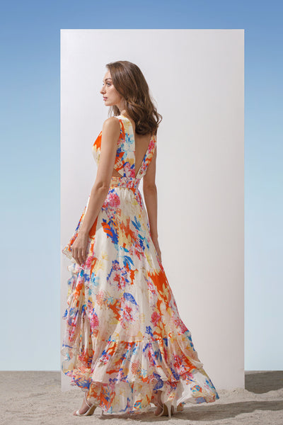 Mandira Wirk Chiffon printed overlaped neckline dress with cut outs at waist and asymmetric bottom with frills multicolour western indian designer wear online shopping melange singapore