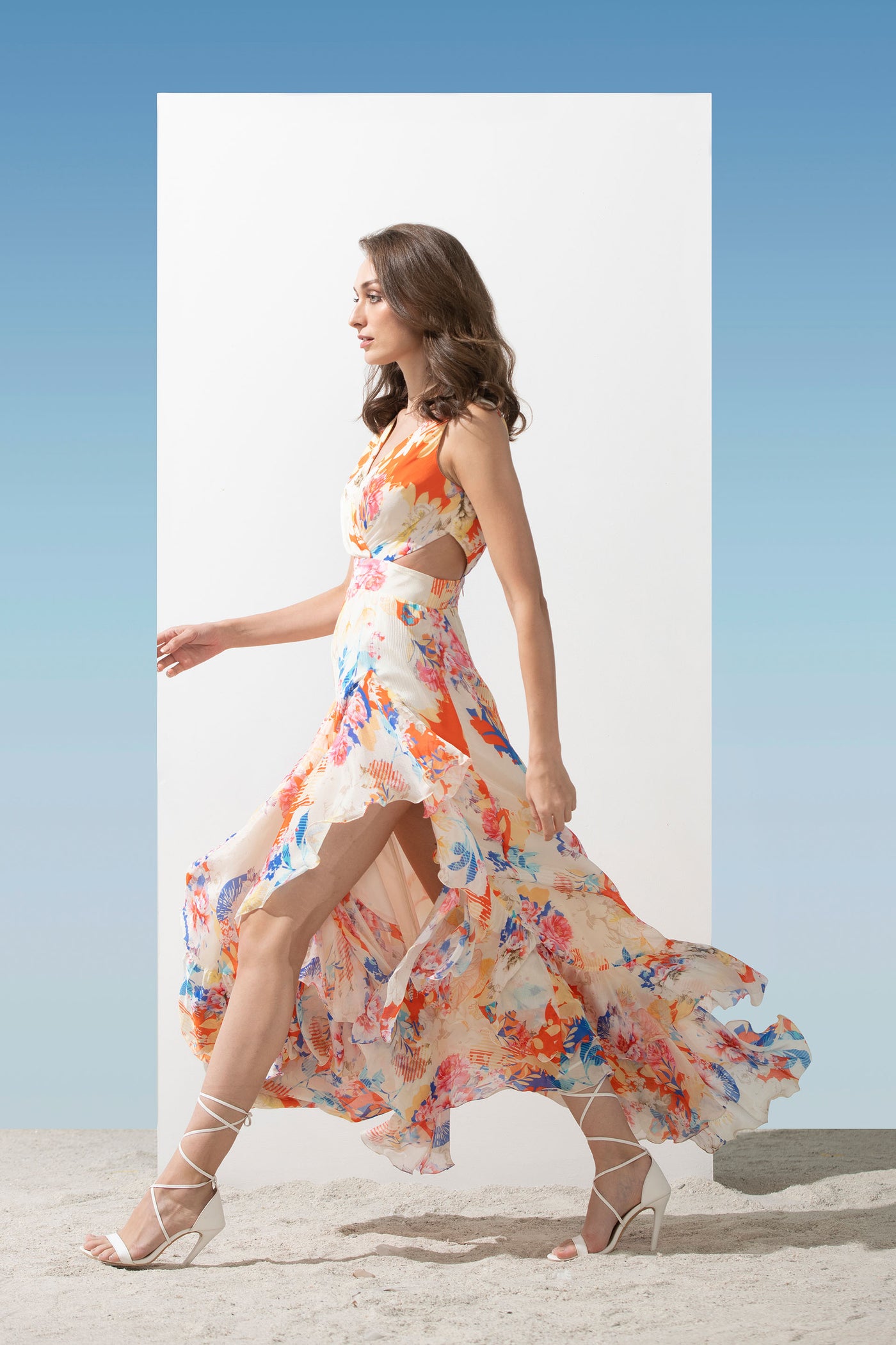 Mandira Wirk Chiffon printed overlaped neckline dress with cut outs at waist and asymmetric bottom with frills multicolour western indian designer wear online shopping melange singapore